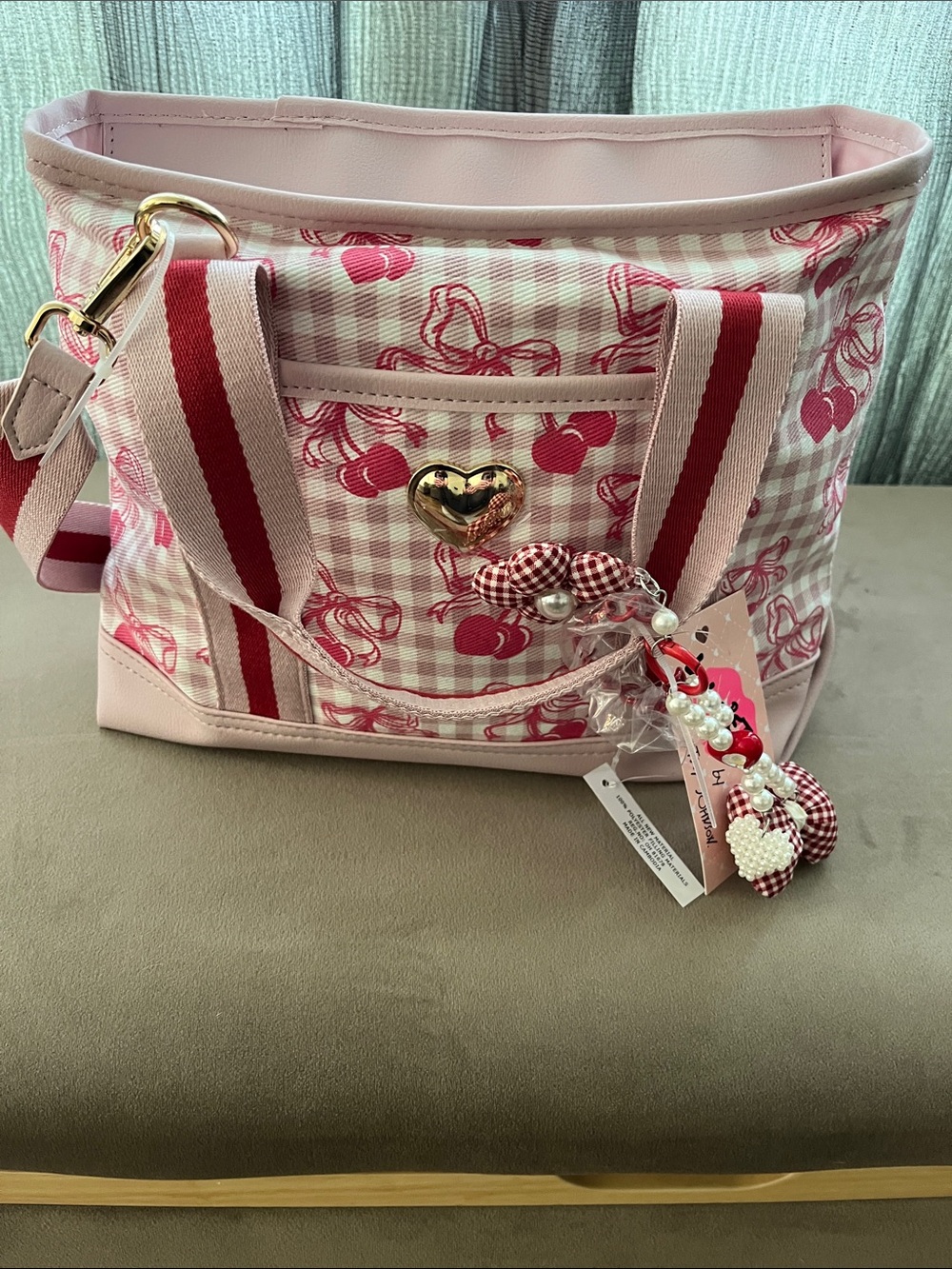 Betsey Johnson Pink Cherries  Canvas Tote with Striped Handles